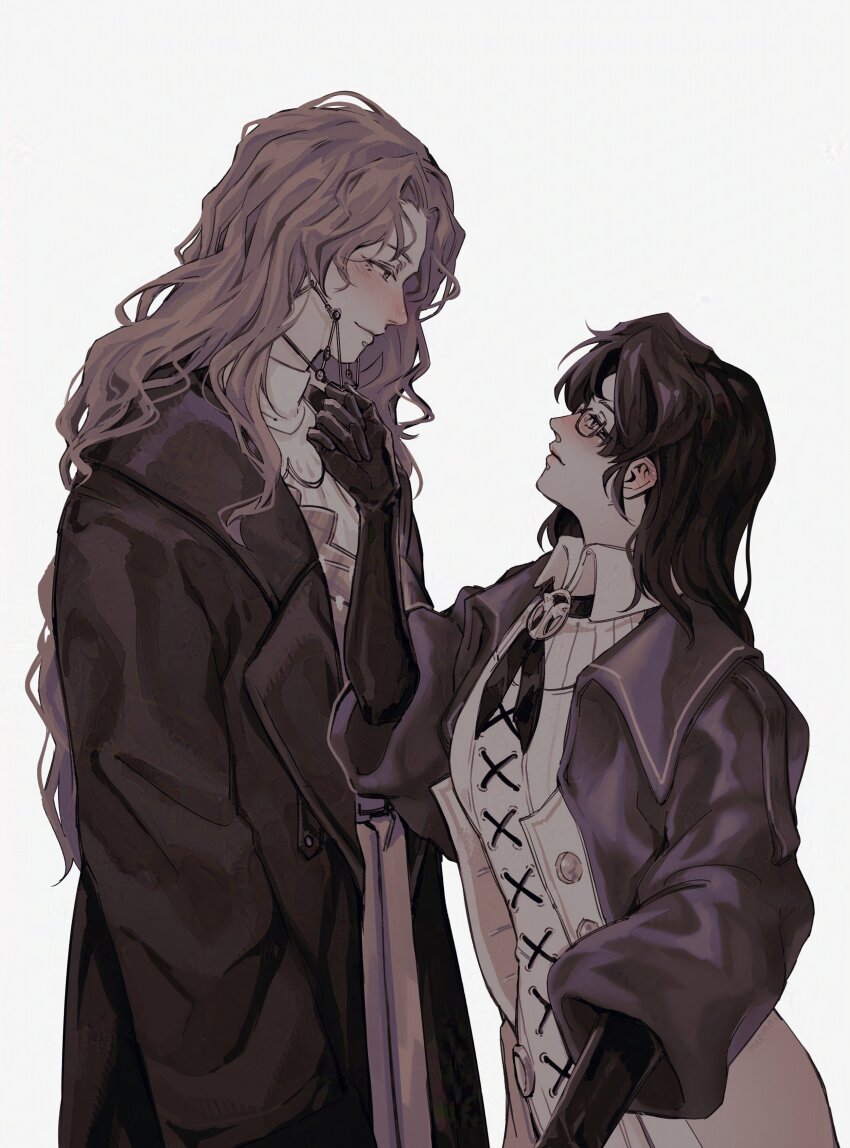 2girls, absurdres, black_gloves, black_hair, black_jacket, blush, braceless, brown_coat, brown_hair, closed_mouth, coat, commentary, dress, elbow_gloves, english_commentary, eye_contact, glasses, gloves, grey_background, highres, jacket, long_hair, long_sleeves, looking_at_another, multiple_girls, mummeemeemama, reverse:1999, simple_background, smile, tooth_fairy_(reverse:1999), white_dress, yuri, z_(reverse:1999)