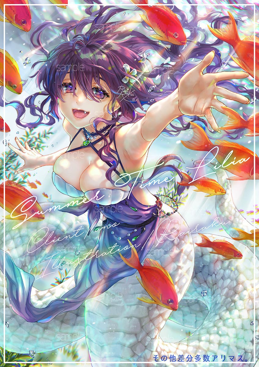 1girl, air_bubble, breasts, bubble, commission, fang, fish, flower