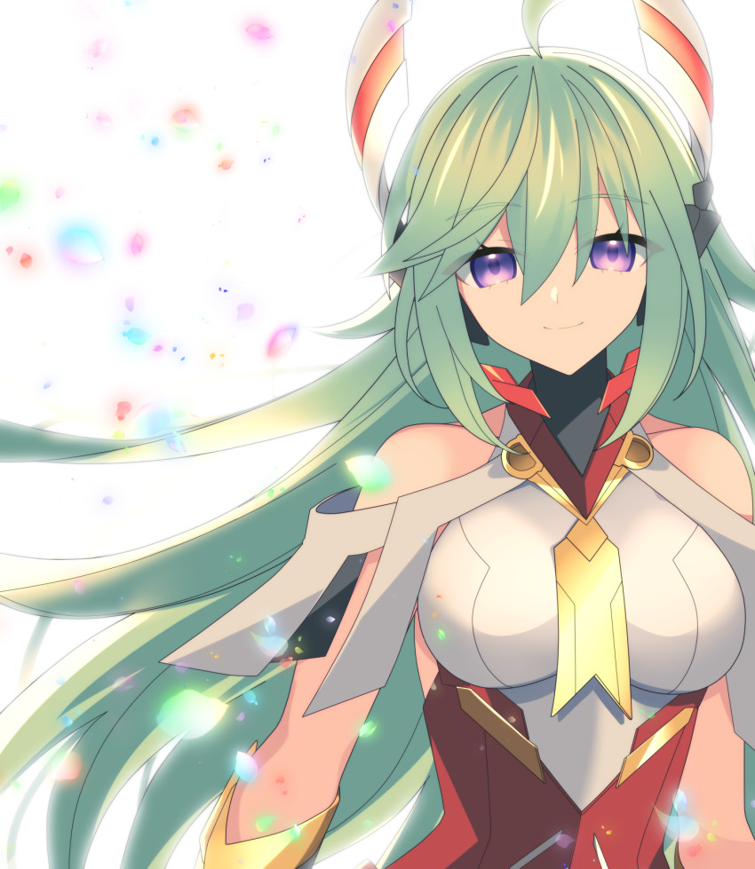 1girl, armor, azure_striker_gunvolt, bare_shoulders, breasts, falling_petals, green_hair, gunvolt_chronicles_luminous_avenger_ix