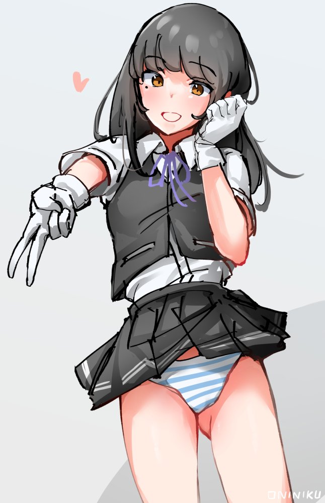 1girl, black_hair, brown_eyes, collared_shirt, dress_shirt, eyebrows_hidden_by_hair, gloves, gluteal_fold