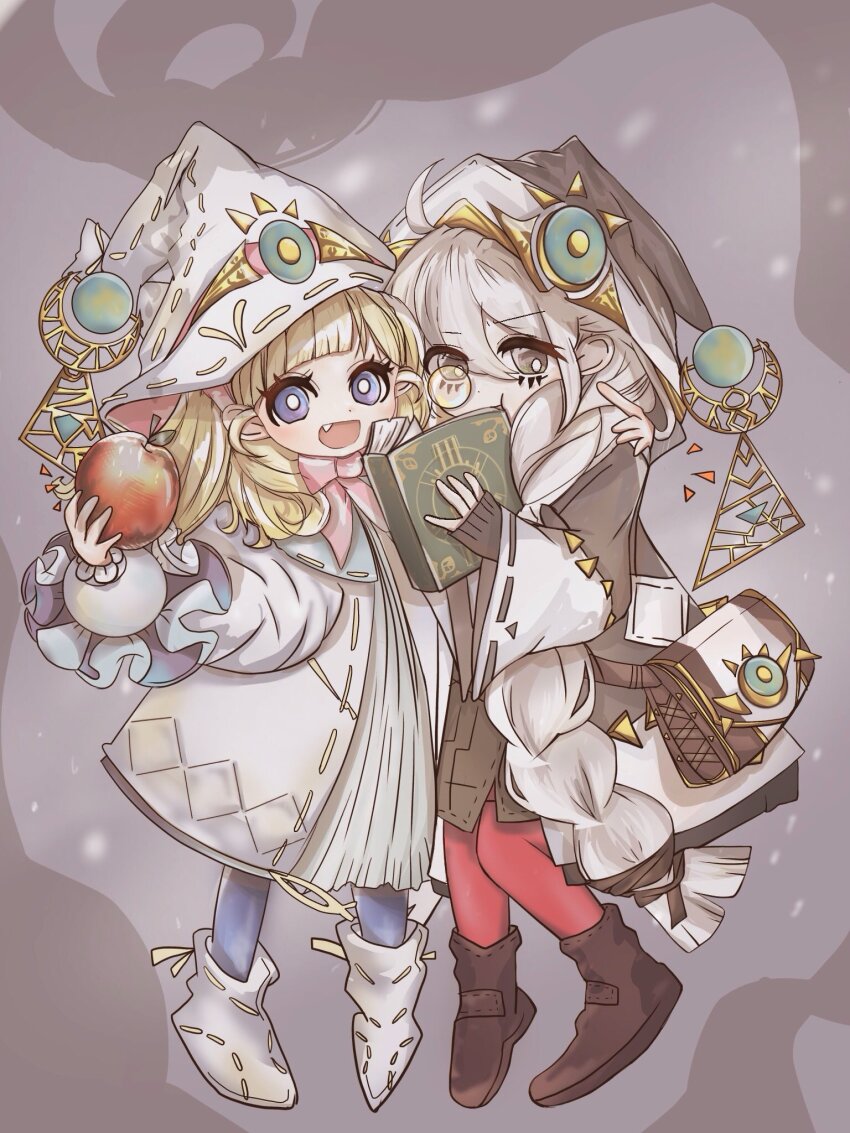 2girls, apple, astellar_of_the_white_forest, bag, blonde_hair, blue_eyes, blue_pantyhose, book