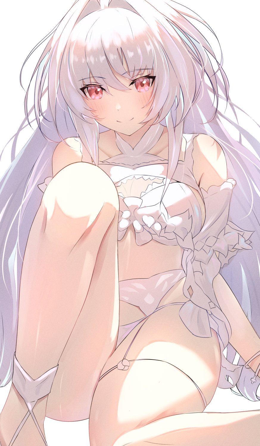 1girl, bare_shoulders, bikini, blush, breasts, cleavage, fate/grand_order, fate_(series), frilled_bikini, frills, highres, lady_avalon_(fate), lady_avalon_(second_ascension)_(fate), long_hair, looking_at_viewer, medium_breasts, merlin_(fate/prototype), merlin_(swimsuit_pretender)_(second_ascension)_(fate/prototype), red_eyes, smile, solo, swimsuit, thighs, twintails, umi_endu, very_long_hair, white_bikini, white_hair