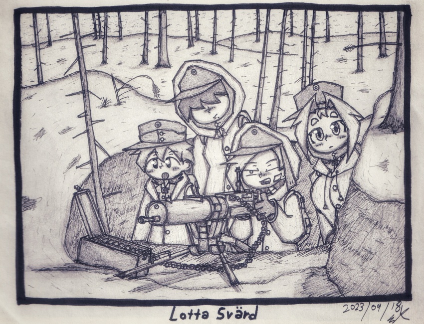 finnish_army, forest, gun, hat, highres, lotta_svaerd:_women_of_war, machine_gun, military_hat