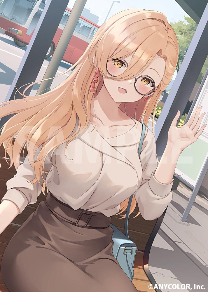 1girl, :d, bag, belt, bespectacled, black-framed_eyewear, blonde_hair, breasts, brown_belt, brown_skirt, bus, bus_stop, collarbone, copyright_notice, cowboy_shot, curtained_hair, day, earrings, fang, flower_earrings, glasses, hair_behind_ear, hair_between_eyes, jewelry, large_breasts, long_bangs, long_hair, looking_at_viewer, mismatched_earrings, motor_vehicle, nijisanji, nui_sociere, official_art, on_bench, open_mouth, outdoors, pencil_skirt, petal_earrings, road, round_eyewear, sample_watermark, shirt, shirt_tucked_in, shoulder_bag, sitting, skin_fang, skirt, three-quarter_sleeves, smile, solo, street, tree, virtual_youtuber, watermark, waving, wavy_hair, white_shirt, yellow_eyes, yoshino_ryou