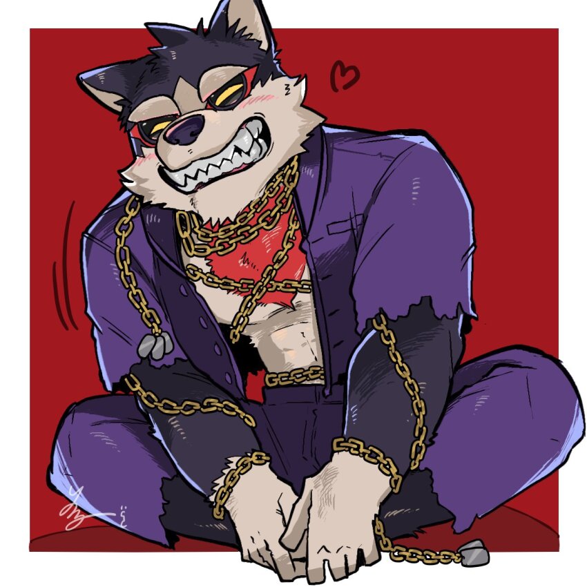 1boy, animal_ears, bara, black_sclera, border, butterfly_sitting, chain, chest_hair, colored_sclera, dog_boy, dog_ears, dog_tags, fangs, full_body, furry, furry_male, gakuran, garmr_(housamo), grin, hands_on_feet, happy, heart, highres, jacket, male_focus, muscular, muscular_male, open_clothes, open_jacket, outside_border, red_background, school, school_uniform, signature, simple_background, sitting, smile, solo, tokyo_houkago_summoners, torn_clothes, white_border, yurunezi