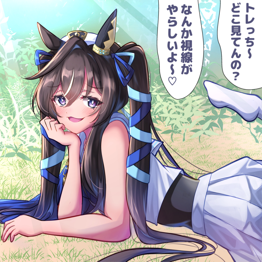 1girl, animal_ears, beret, black_hair, blurry, blurry_background, commentary_request, earrings