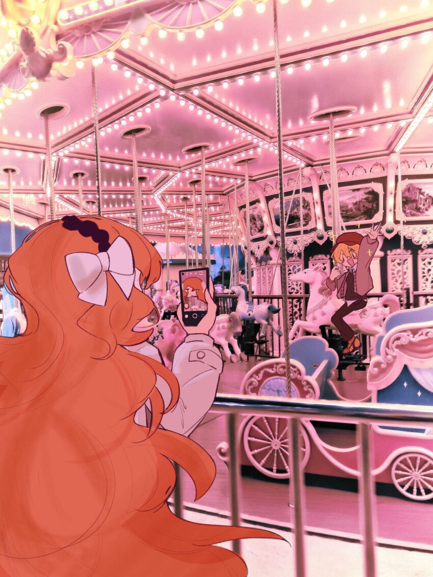 2girls, arm_up, blonde_hair, bow, brown_cardigan, cardigan, carousel, dating