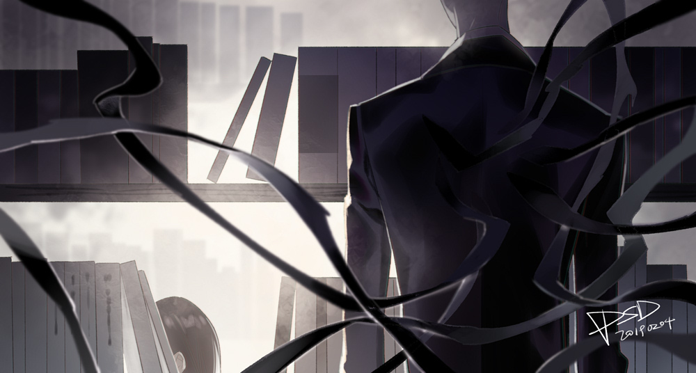 1girl, 2boys, black_suit, bookshelf, creepypasta, formal_clothes, jeff_the_killer, multiple_boys