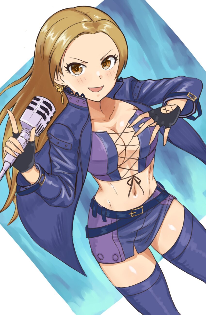 1girl, akiyama_jomu, belt, black_gloves, blue_belt, blue_boots, blue_jacket, blue_skirt