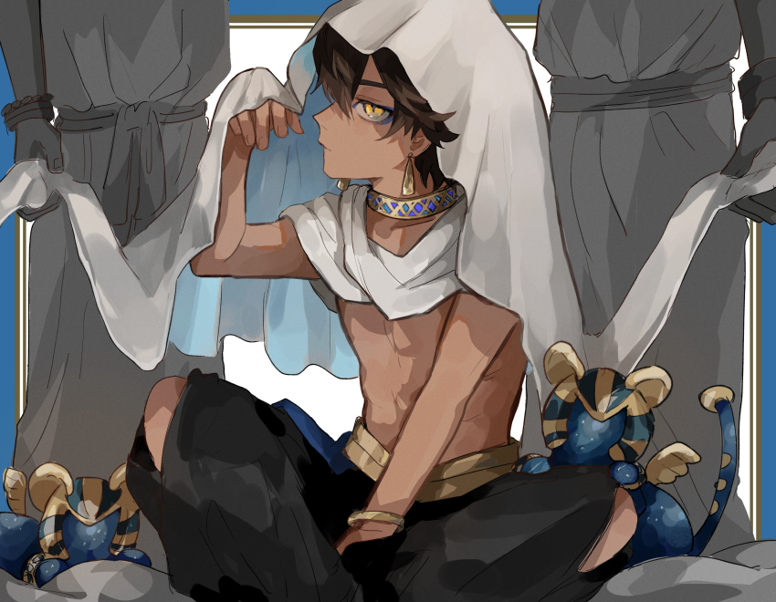 1boy, 2others, age_regression, aged_down, alternate_costume, ancient_egyptian, ancient_egyptian_clothes, bare_pectorals