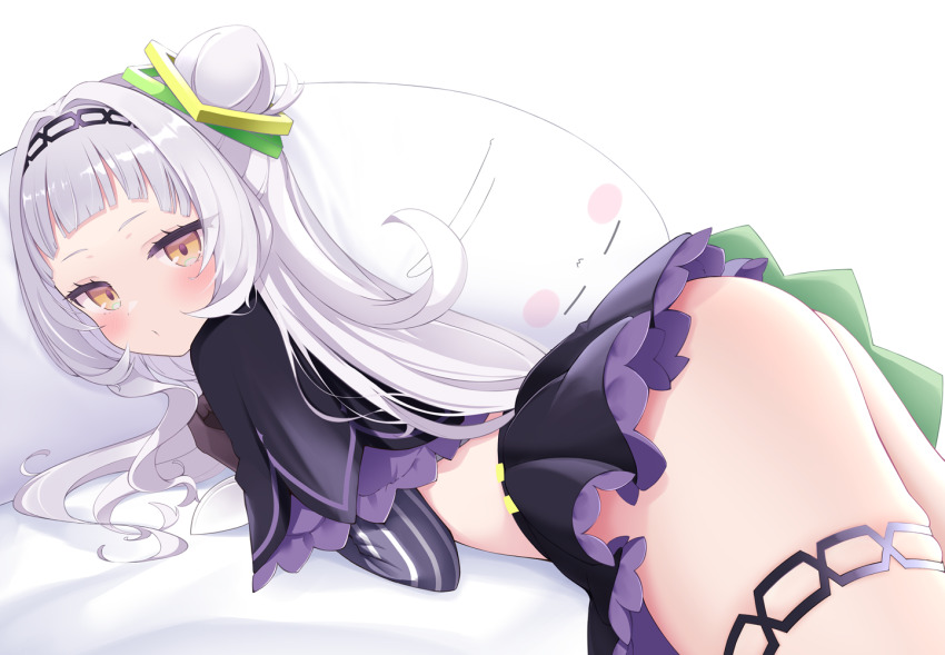 1girl, ass, black_hairband, black_skirt, black_sleeves, closed_mouth, cocozasa, commentary_request, double_bun, grey_hair, hair_bun, hairband, hololive, long_hair, long_sleeves, looking_at_viewer, lying, murasaki_shion, murasaki_shion_(1st_costume), on_stomach, simple_background, skirt, solo, thigh_strap, thighs, vertical-striped_sleeves, virtual_youtuber, white_background, yellow_eyes