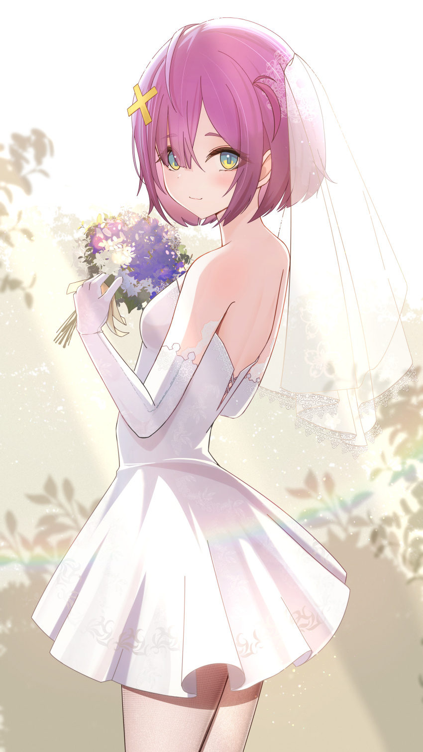 1girl, absurdres, blush, bouquet, breasts, bridal_veil, closed_mouth, cowboy_shot