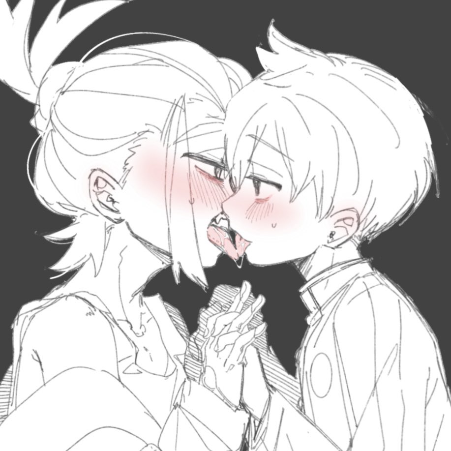 2boys, bishounen, blush, chinese_commentary, couple, crossed_bangs, florian_(pokemon), french_kiss, greyscale, half-closed_eyes, holding_hands, imminent_kiss, kieran_(pokemon), kiss, kuma_8311, looking_at_another, male_focus, monochrome, multiple_boys, nintendo, pokemon, pokemon_scarlet_and_violet, saliva, short_hair, simple_background, sweat, teeth, tongue, tongue_out, upper_body, upper_teeth_only, yaoi