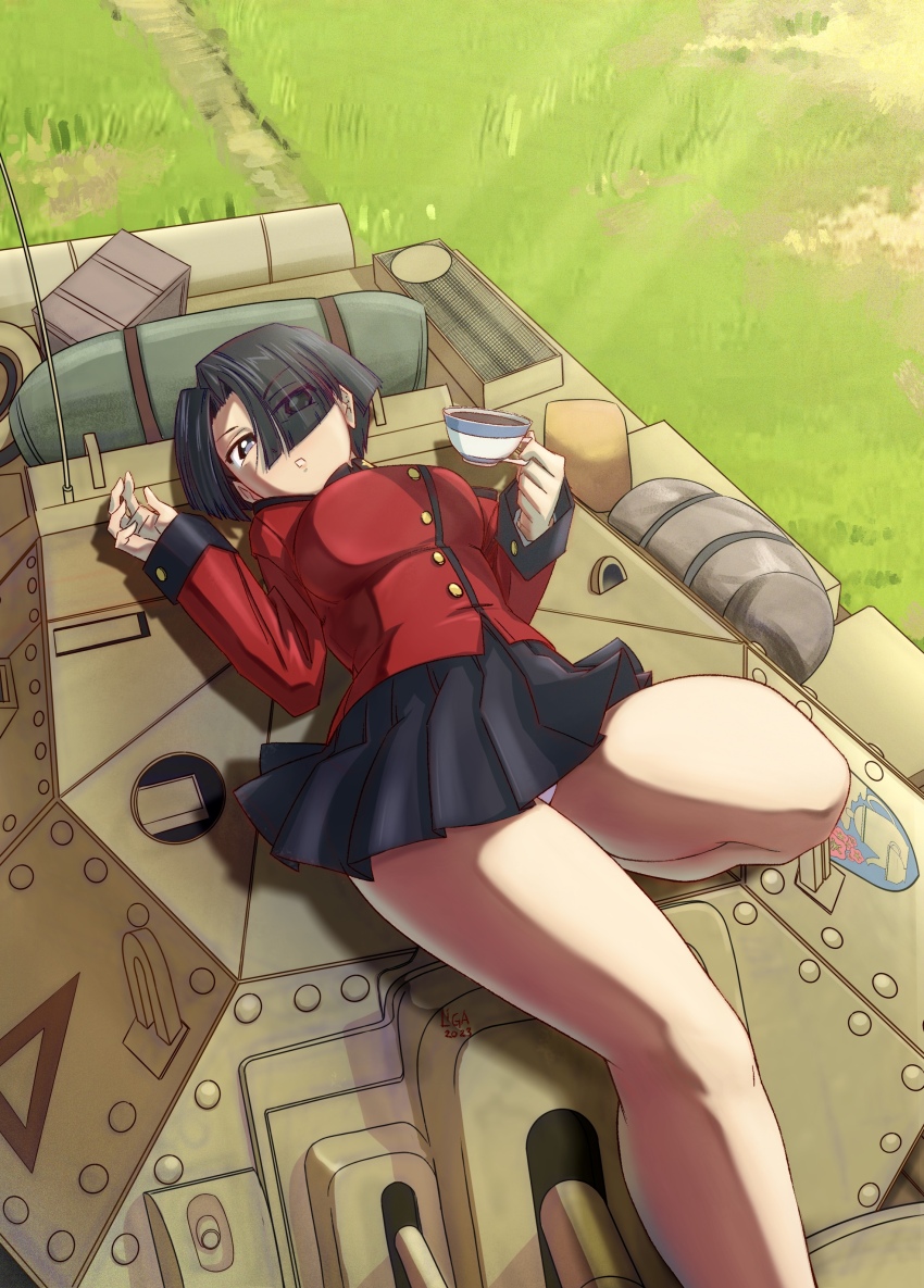 1girl, absurdres, black_hair, blue_eyes, breasts, cup, girls_und_panzer, hair_over_one_eye
