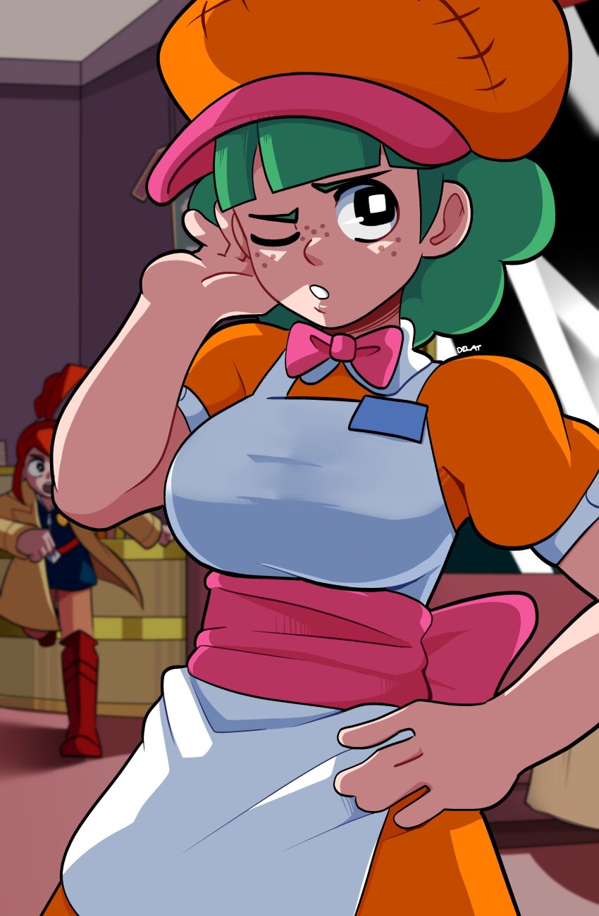 2girls, absurdres, apron, boots, bow, bowtie, coat, delatoid, freckles, ghost_trick, green_hair, hand_on_own_hip, hand_up, hat, high_ponytail, highres, indoors, lynne_(ghost_trick), memry, multiple_girls, one_eye_closed, orange_hat, parted_lips, pink_bow, pink_bowtie, ponytail, red_eyes, red_footwear, short_hair, short_sleeves, signature, square_pupils, white_apron, window, yellow_coat