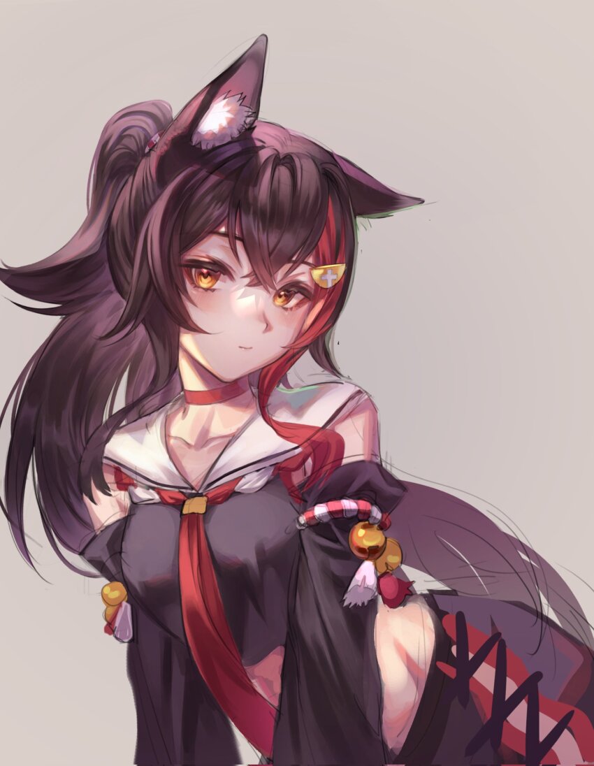 1girl, animal_ear_fluff, animal_ears, black_hair, breasts, choker, closed_mouth, grey_eyes, hair_between_eyes, hair_ornament, hairclip, highres, hololive, koaen0024, long_hair, looking_at_viewer, medium_breasts, multicolored_hair, ookami_mio, ookami_mio_(1st_costume), red_choker, red_hair, sailor_collar, simple_background, solo, streaked_hair, unfinished, virtual_youtuber, wolf_ears, wolf_girl, yellow_eyes