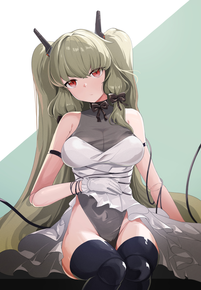 1girl, absurdres, armband, black_armband, black_ribbon, black_thighhighs, bracelet, breasts, brown_dust_(series), brown_dust_2, cleavage, doll_joints, dress, eyebrows_hidden_by_hair, feet_out_of_frame, gloves, green_hair, grey_leotard, groin, hair_between_eyes, hair_ornament, hair_ribbon, highleg, highleg_leotard, highres, jewelry, joints, large_breasts, lecliss_(android_queen)_(brown_dust), lecliss_(brown_dust), leotard, long_hair, looking_at_viewer, multiple_bracelets, neck_ribbon, red_eyes, ribbon, simple_background, sitting, solo, thighhighs, twintails, user_zdec5755, very_long_hair, white_dress, white_gloves