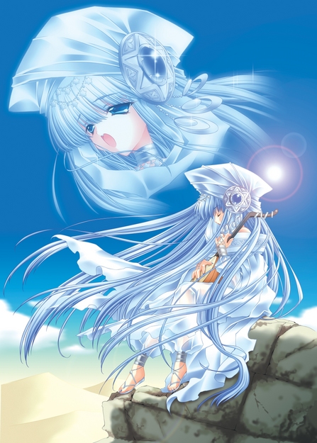 1girl, amamiya_poran, blue_eyes, blue_hair, carnelian, character_request, closed_eyes, day