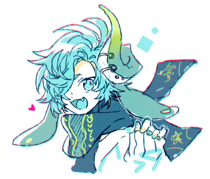 1boy, :3, animal_ears, blue_eyes, blue_hair, blue_nails, blue_scarf, blue_sweater, blue_tongue, colored_tongue, crono_(forever_7th_capital), fang, forever_7th_capital, hand_up, horns, open_mouth, sapphire_(nine), scarf, simple_background, smile, solo, sweater, white_background