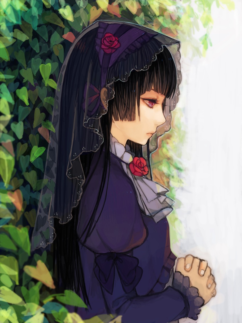 1girl, ascot, bad_id, bad_pixiv_id, black_hair, bow, female_focus, flower