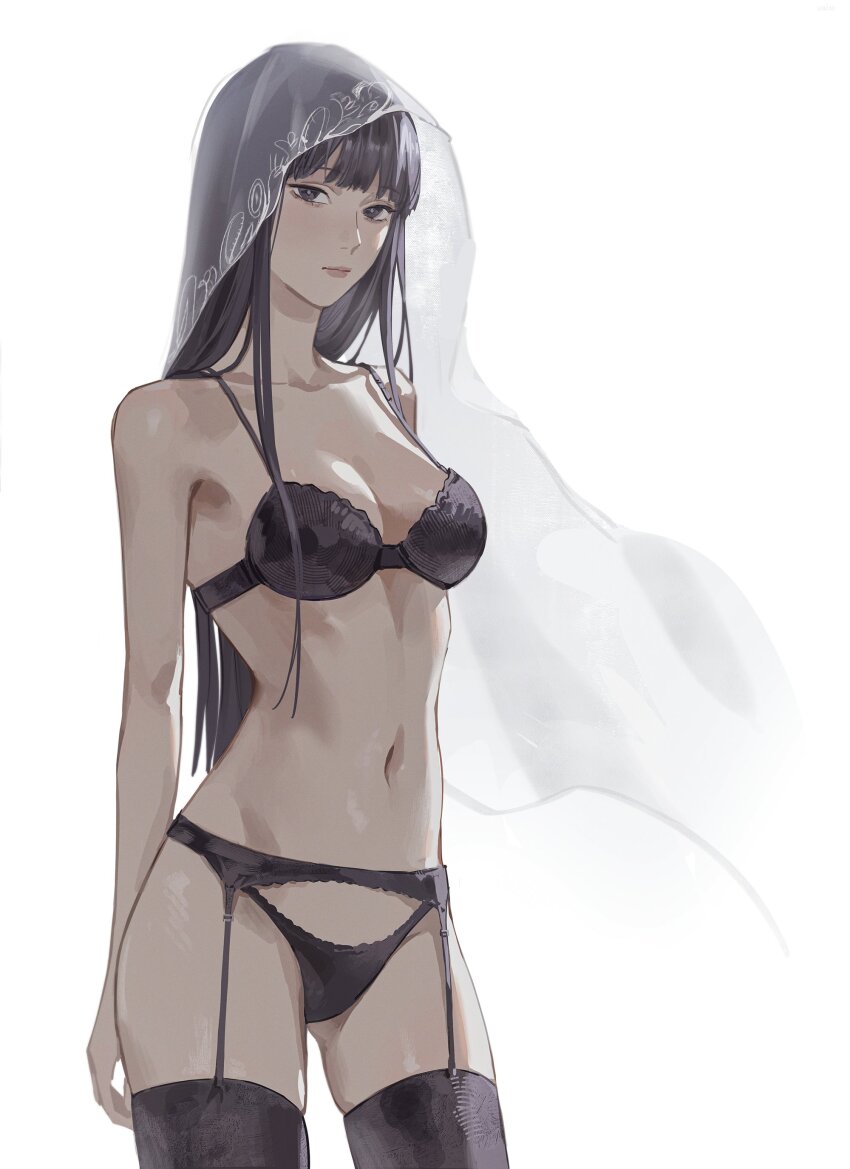 1girl, absurdres, black_bra, black_eyes, black_garter_belt, black_hair, black_panties, black_thighhighs