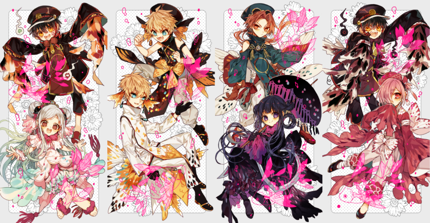 2girls, 6+boys, akane_aoi, aoi_akane, black_coat, black_hair, black_kimono, blue_eyes