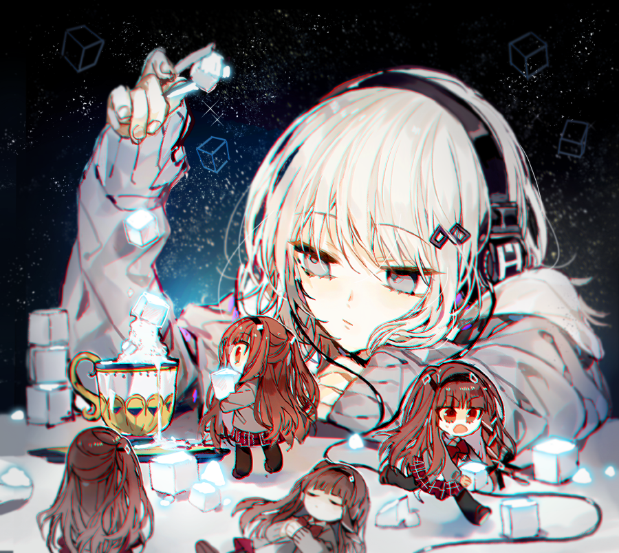 5girls, black_hairband, bow, bowtie, braid, brown_hair, cardigan, clone