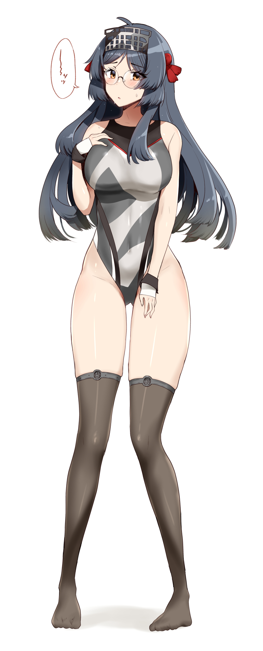 1girl, absurdres, adapted_costume, black_hair, black_thighhighs, breasts, brown_eyes, competition_swimsuit