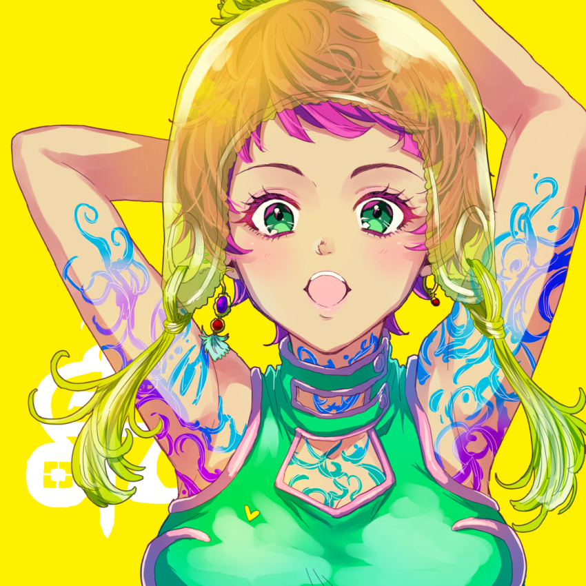 1girl, 24mbb, bare_arms, bare_shoulders, body_markings, breasts, comet_(gnosia), gnosia, green_eyes, hat, large_breasts, looking_at_viewer, open_clothes, pink_hair, short_hair, simple_background, sleeveless, smile, solo, upper_body, yellow_background