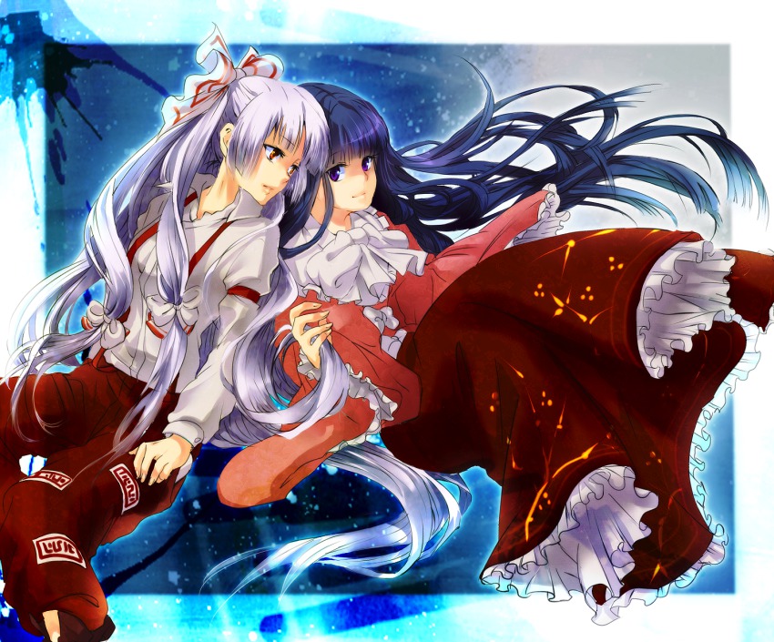 2girls, bad_id, bad_pixiv_id, black_hair, bow, female_focus, fujiwara_no_mokou, hair_bow, highres, houraisan_kaguya, long_hair, multiple_girls, nori_(sprm), purple_eyes, red_eyes, silver_hair, touhou, very_long_hair