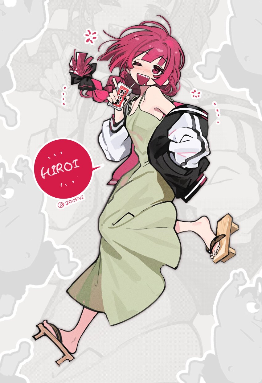 1girl, absurdres, alcohol, alcohol_carton, black_bow, black_jacket, black_nails, blush, bocchi_the_rock!, bow, braid, carton, character_name, closed_eyes, dress, drink_carton, drooling, drunk, earrings, film_grain, fingernails, geta, green_dress, hair_bow, highres, hiroi_kikuri, holding, holding_carton, holding_drink_carton, jacket, jangchajsam, japanese_clothes, jewelry, long_dress, long_hair, looking_at_viewer, mouth_drool, multicolored_jacket, nail_polish, one_eye_closed, open_clothes, open_jacket, open_mouth, purple_eyes, purple_hair, ringed_eyes, sandals, sharp_teeth, single_braid, single_earring, smile, solo, spaghetti_strap, stud_earrings, teeth, toenail_polish, toenails, twitter_username, two-tone_jacket, white_jacket