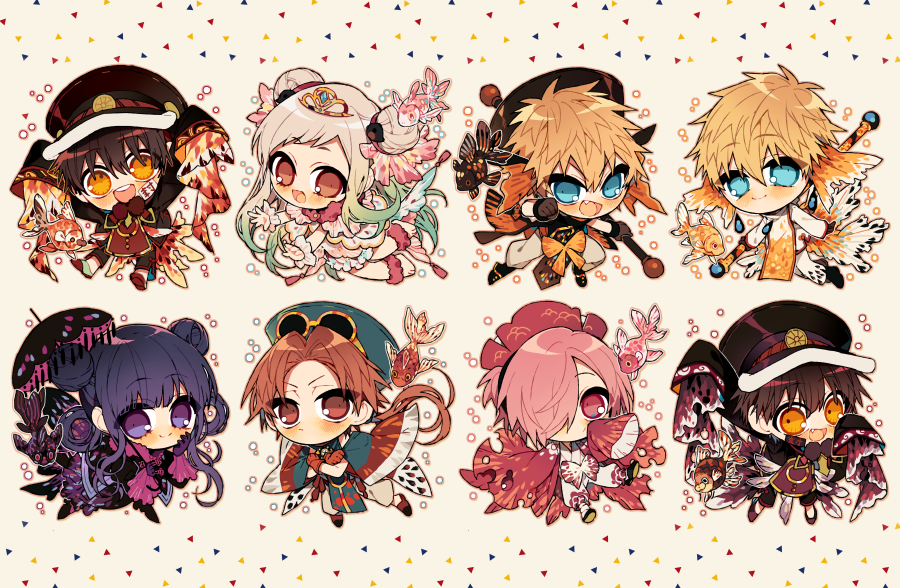 2girls, 6+boys, akane_aoi, aoi_akane, black_coat, black_gloves, black_hair, black_hat