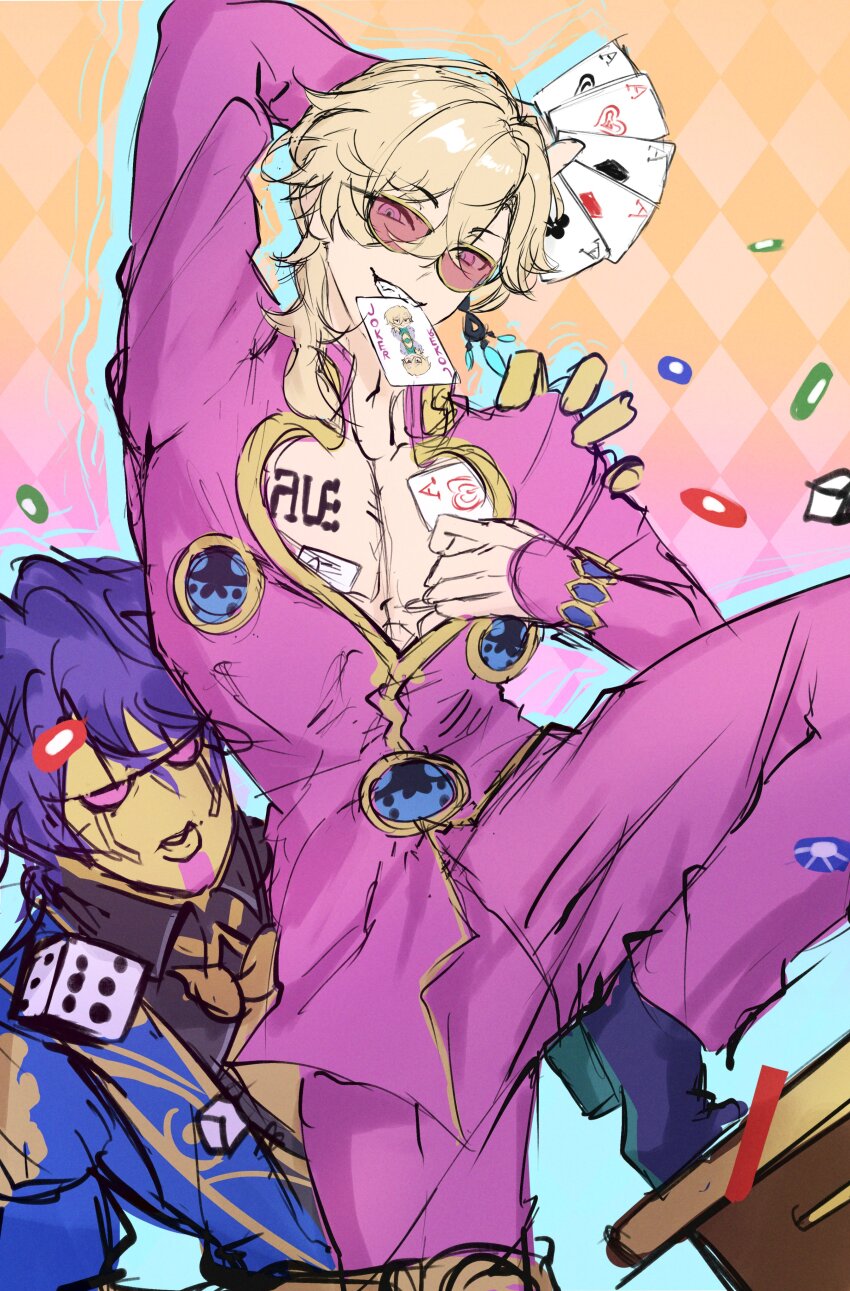 2boys, absurdres, ace_(playing_card), ace_of_clubs, ace_of_diamonds, ace_of_hearts, ace_of_spades, arm_up, aventurine_(honkai:_star_rail), blonde_hair, blue_footwear, card, club_(shape), commentary, cosplay, diamond_(shape), dice, dr._ratio_(honkai:_star_rail), dr._ratio_(honkai:_star_rail)_(cosplay), giorno_giovanna, giorno_giovanna_(cosplay), gold_experience, heart, highres, hirosenpai, holding, holding_card, honkai:_star_rail, honkai_(series), jacket, jojo_no_kimyou_na_bouken, multiple_boys, pants, playing_card, purple_hair, purple_jacket, purple_pants, shoes, spade_(shape), sunglasses, vento_aureo
