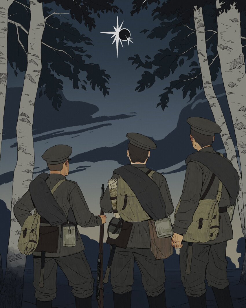 3boys, brown_hair, eclipse, forest, gun, highres, kamuytime, military