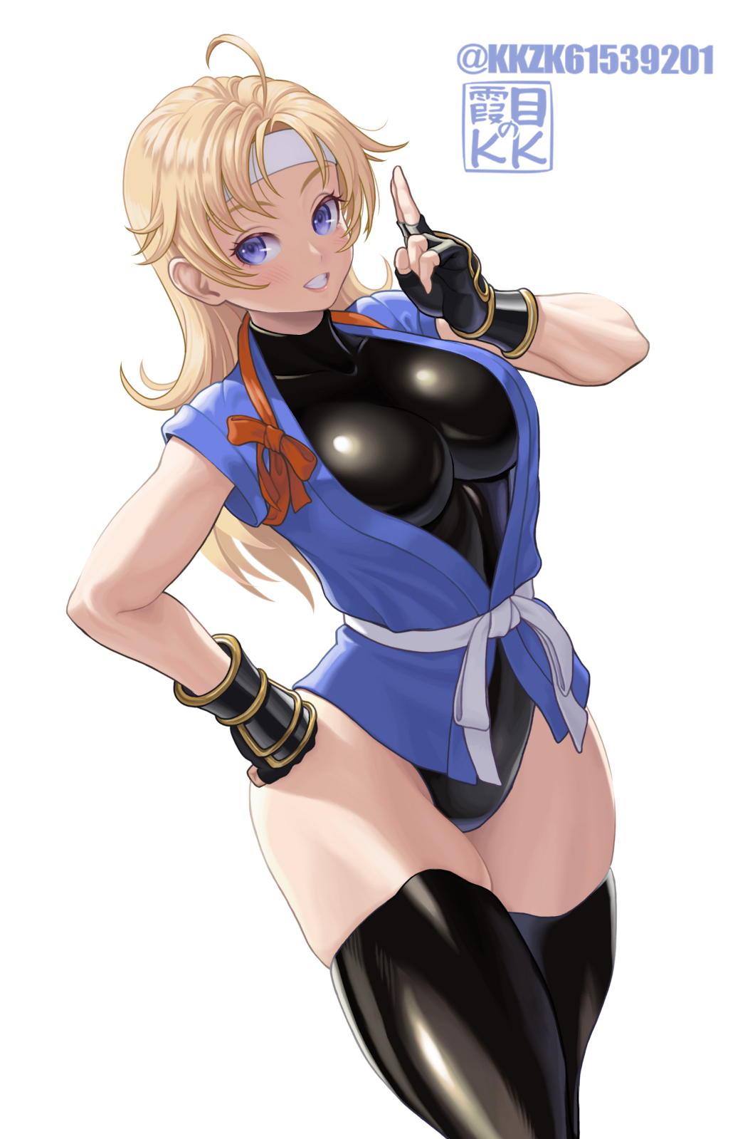 1girl, ahoge, artist_logo, artist_name, black_gloves, black_leotard, blonde_hair, blush