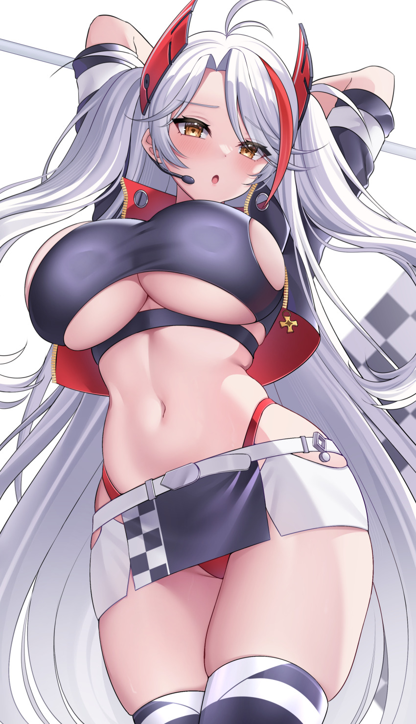 1girl, :o, absurdres, arms_behind_head, arms_up, azur_lane, belt, black_jacket, blush, breasts, clothing_cutout, crop_top, cropped_jacket, cross, demcheg, from_below, hair_over_one_eye, headgear, headset, highleg, highleg_panties, highres, hip_focus, iron_cross, jacket, large_breasts, long_hair, looking_at_viewer, looking_down, microphone, midriff, miniskirt, multicolored_hair, navel, open_clothes, open_jacket, panties, prinz_eugen_(azur_lane), prinz_eugen_(final_lap)_(azur_lane), red_hair, red_panties, sideboob, sideboob_cutout, skindentation, skirt, solo, stomach, streaked_hair, thighhighs, two-tone_hair, underboob, underboob_cutout, underwear, unzipped, upskirt, very_long_hair, white_belt, white_hair, yellow_eyes
