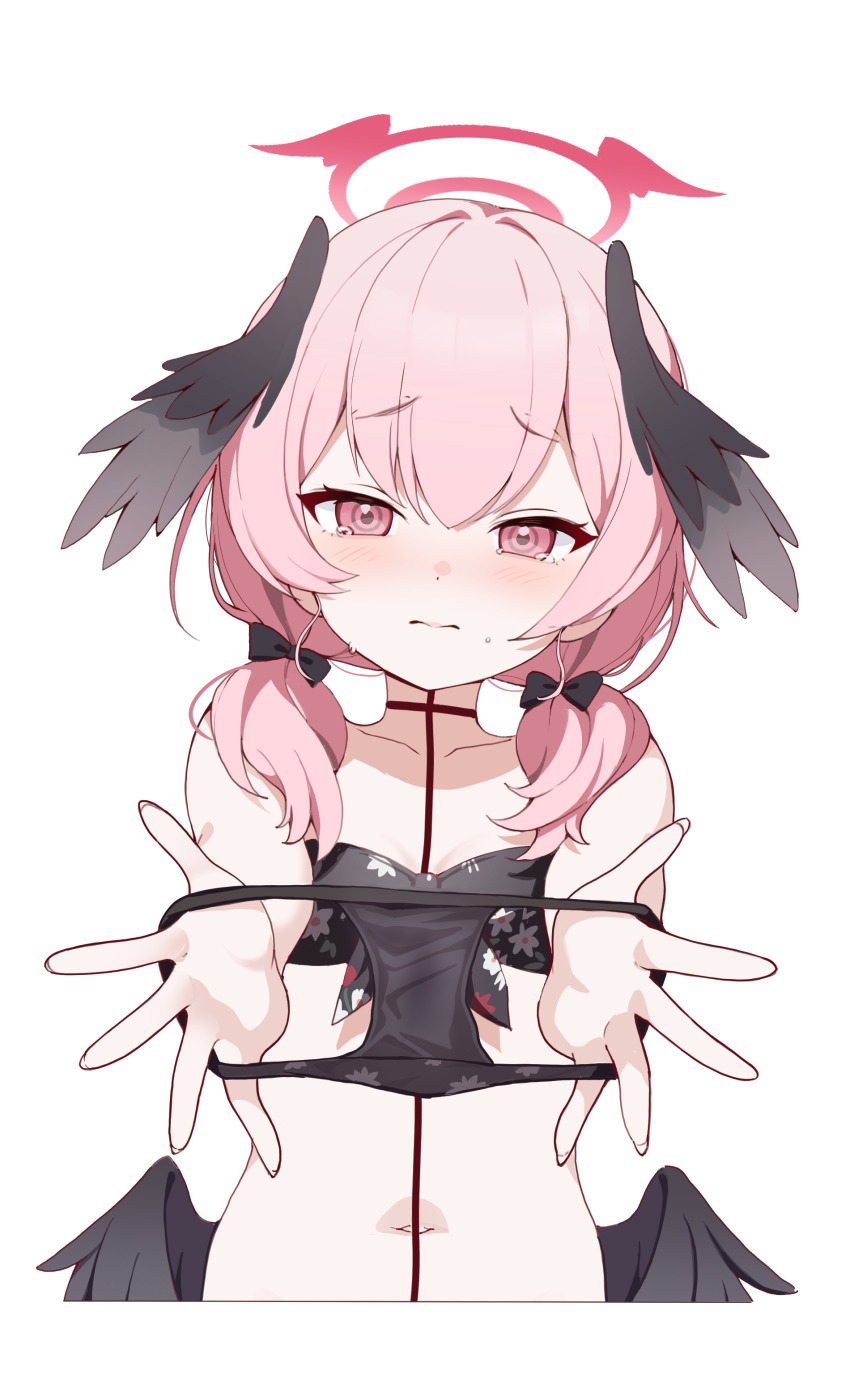 1girl, absurdres, bikini, black_bikini, black_bow, black_wings, blue_archive, blush, bow, cropped_torso, feathered_wings, floral_print, front-tie_bikini_top, front-tie_top, hair_bow, halo, head_wings, highres, holding, holding_unworn_clothes, holding_panties, holding_underwear, koharu_(blue_archive), koharu_(swimsuit)_(blue_archive), low_twintails, low_wings, navel, official_alternate_costume, panties, pink_hair, pink_halo, presenting_removed_panties, print_bikini, quel_(quel1111), simple_background, solo, stained_panties, sweat, swimsuit, tears, twintails, underwear, white_background, wings