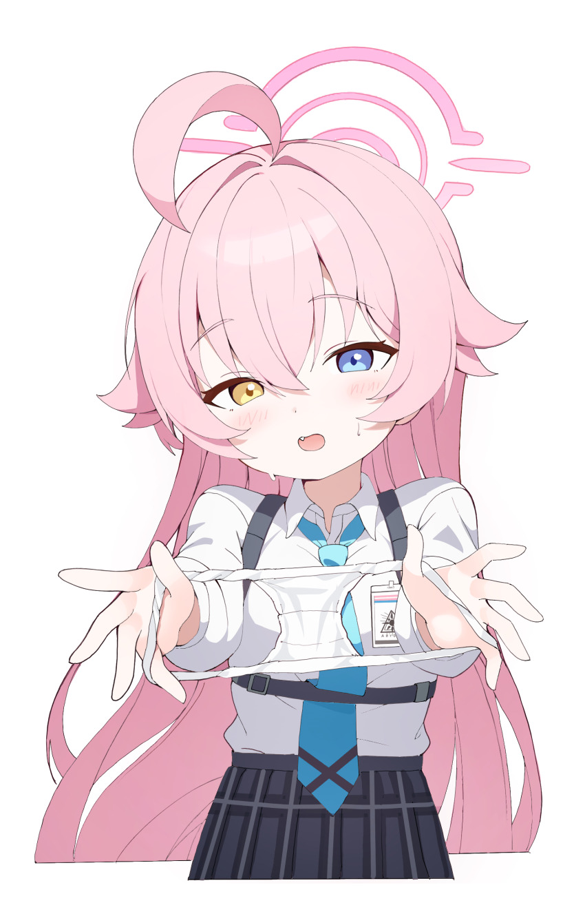 1girl, absurdres, ahoge, blue_archive, blue_eyes, blue_necktie, blush, chest_harness, cropped_legs, fang, halo, harness, heterochromia, highres, holding, holding_unworn_clothes, holding_panties, holding_underwear, hoshino_(blue_archive), long_hair, looking_at_viewer, necktie, open_mouth, panties, pink_hair, pink_halo, plaid_clothes, plaid_skirt, presenting_removed_panties, quel_(quel1111), shirt, simple_background, skirt, solo, sweat, underwear, white_background, white_panties, white_shirt, yellow_eyes