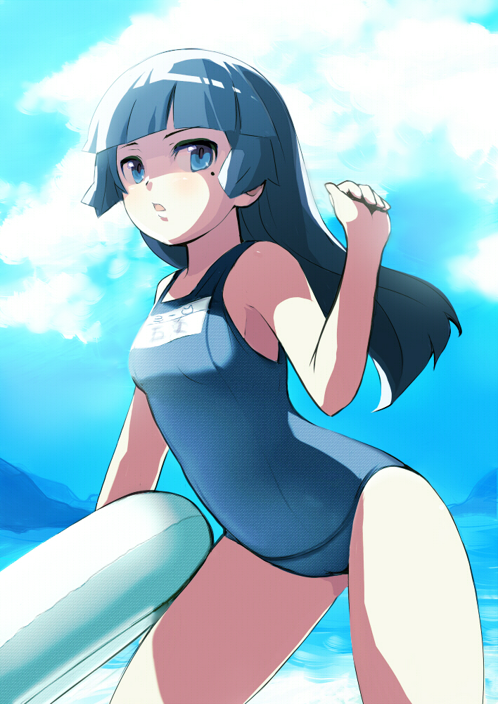 1girl, bare_shoulders, blue_eyes, cloud, day, female_focus, gokou_ruri, kinugawamiyabi, long_hair, mole, mole_under_eye, one-piece_swimsuit, ore_no_imouto_ga_konna_ni_kawaii_wake_ga_nai, school_swimsuit, sky, solo, swimsuit, water
