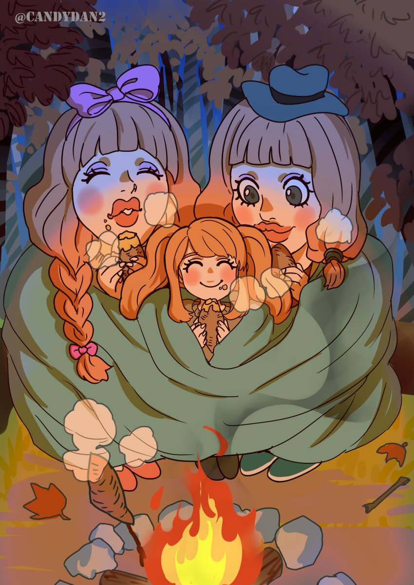 3girls, absurdres, autumn_leaves, blush, bonfire, braid, brown_hair, camping