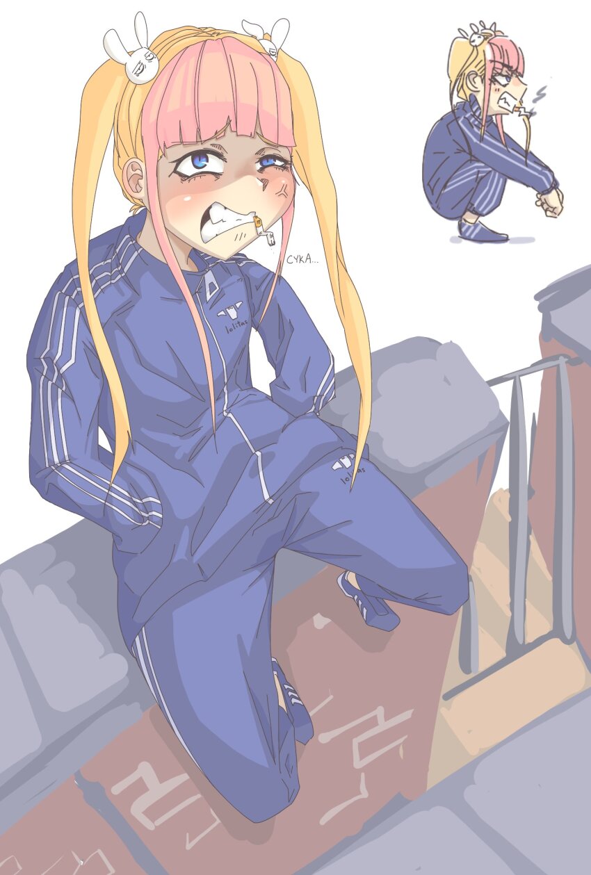 1girl, anger_vein, asymmetrical_sidelocks, blonde_hair, blue_eyes, blue_footwear, blue_jacket, blue_pants