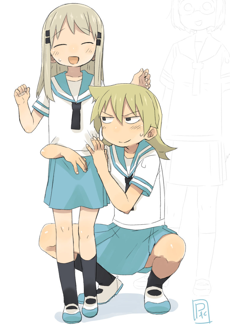 2girls, 3girls, arm_around_another's_waist, black_eyes, black_socks, blonde_hair, blue_sailor_collar, blue_skirt
