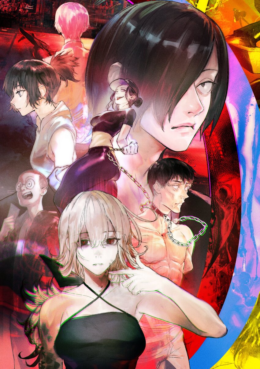 absurdres, aircraft, airplane, ammenite, animal_collar, bare_shoulders, blonde_hair, breasts