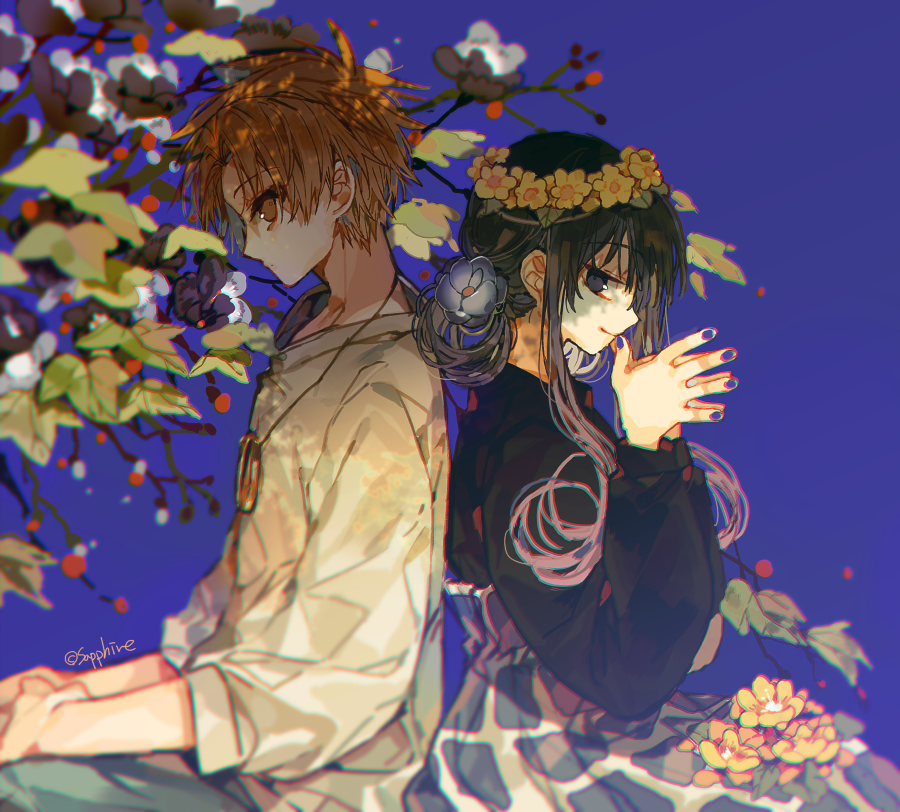 1boy, 1girl, akane_aoi, aoi_akane, back-to-back, black_hair, black_sweater, blue_background