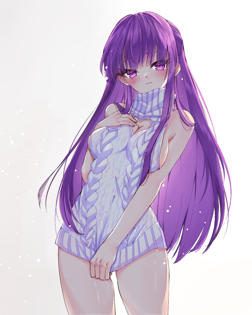 1girl, aran_sweater, backless_dress, backless_outfit, blunt_bangs, blush, breasts, cable_knit