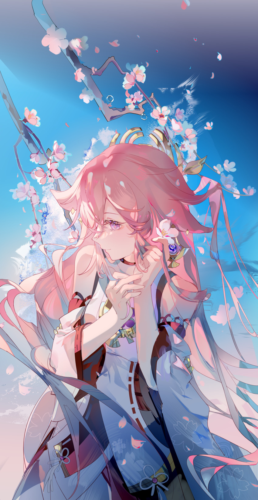 1girl, absurdres, animal_ears, bare_shoulders, blue_background, branch, cherry_blossoms, closed_mouth