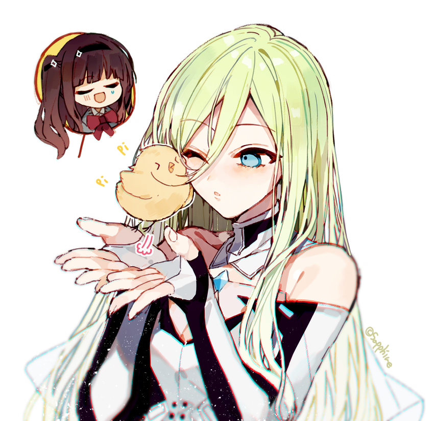 >_<, 2girls, baby_animal, bare_shoulders, bird, blue_eyes, brown_hair, chick