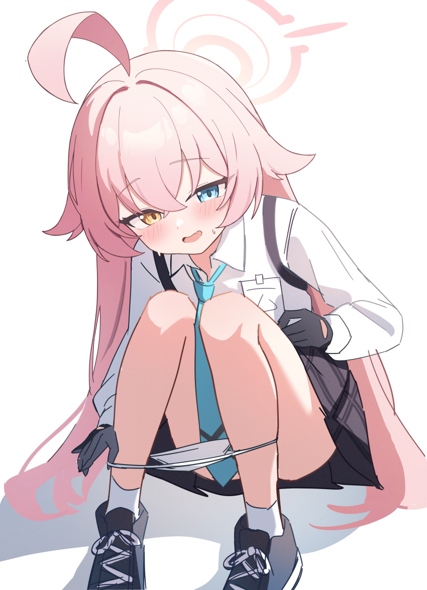 1girl, absurdres, ahoge, black_footwear, black_gloves, black_skirt, blue_archive, blue_eyes