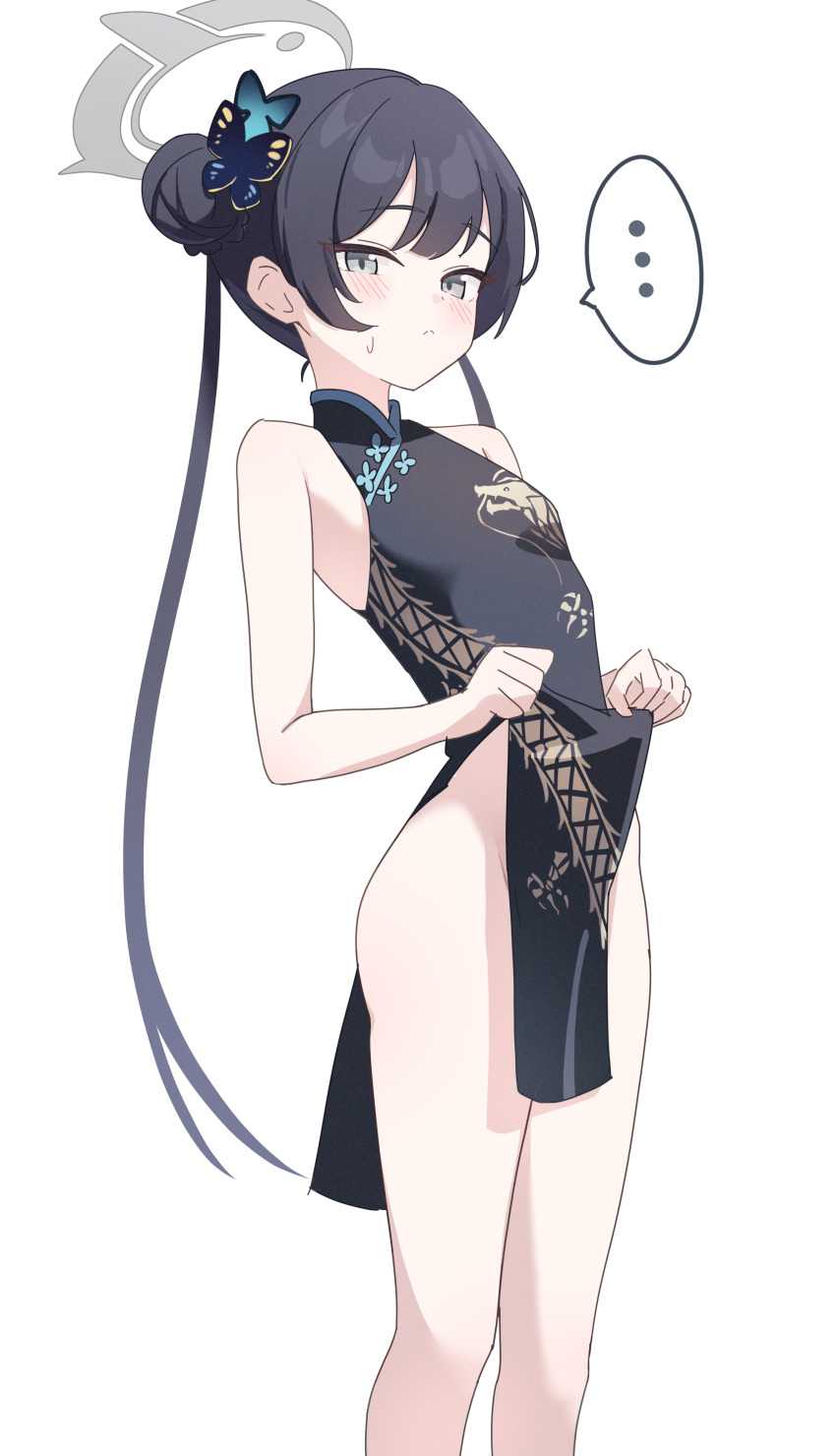 ..., 1girl, absurdres, bare_shoulders, black_dress, black_hair, blue_archive, blush