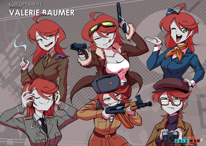 1girl, absurdres, aks-74u, assault_rifle, black_necktie, blue_jacket, brown_jacket, camera